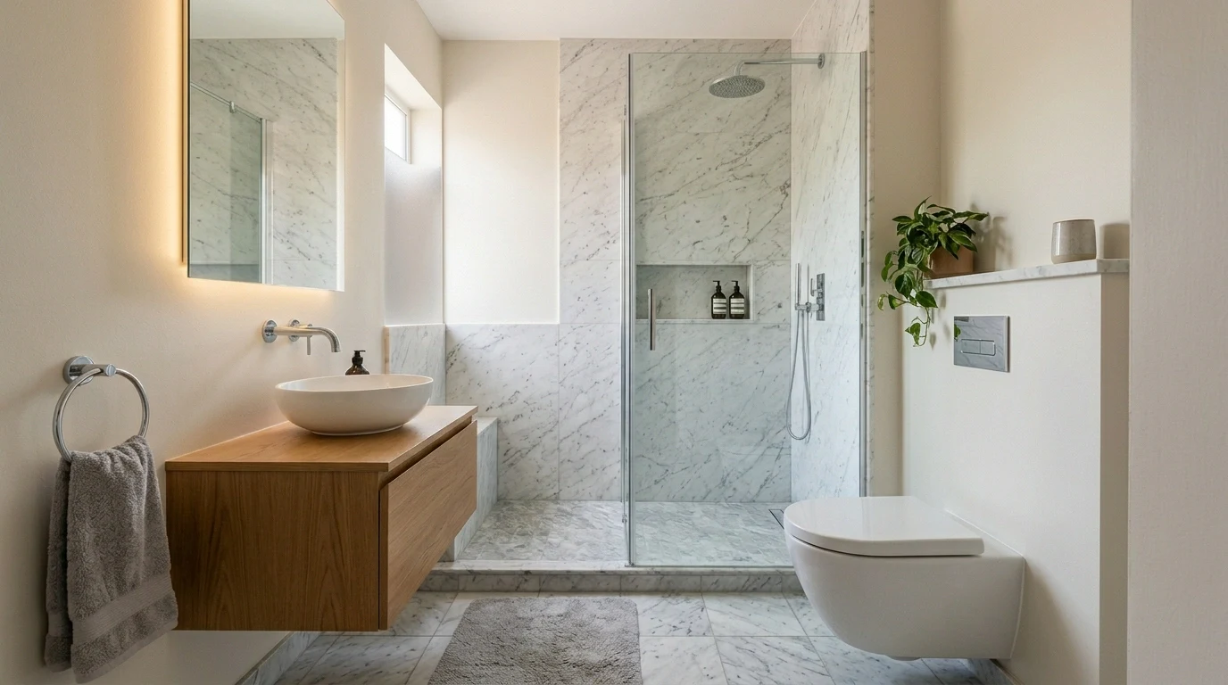 desain kamar mandi minimalis 2x2 dengan aksen marmer